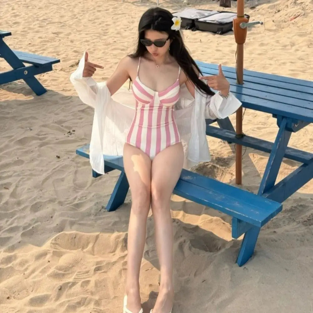 Retro Stripe Women's Swimsuit | Belly Cover-Up Skirt Women's Swimsuit Axl