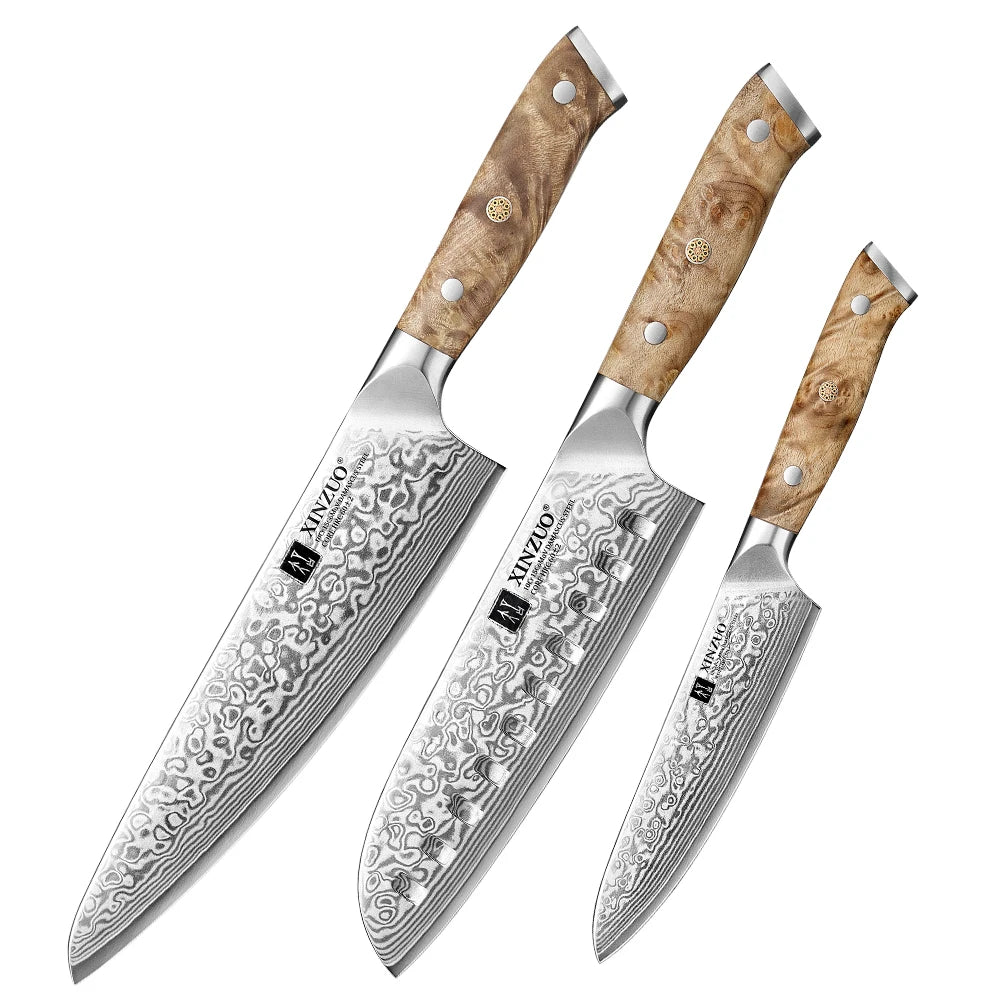 XINZUO 3-Pc Damascus Steel Knife Set – Chef, Santoku & Utility Damascus Knife Set Axl 3PCS Knife Set China Mainland
