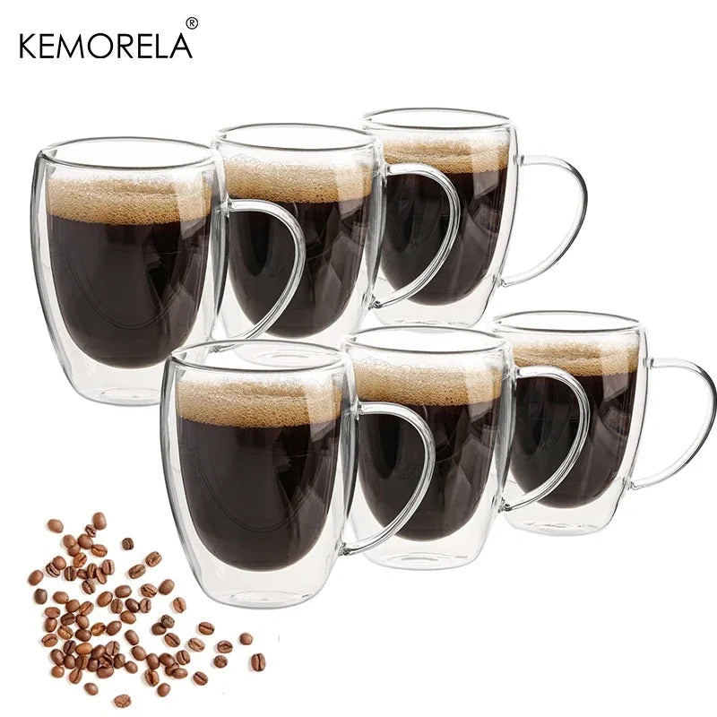 KEMORELA 350ml Double Wall Glass Coffee Mugs | Set of 2/4/6 Glass Coffee Mugs Axl