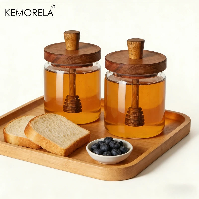 Glass Honey Jar with Dipper & Lid | Wide Mouth Syrup Dispenser Glass Honey Jar Axl