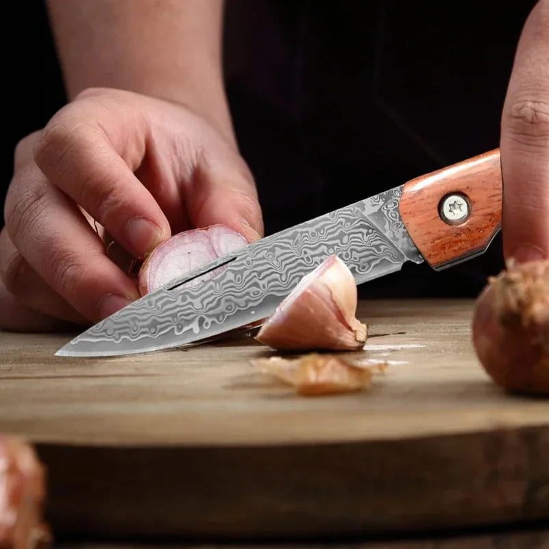InLeung Damascus Steel Folding Knife – Sharp Wood Handle Folding Kitchen Knife Axl