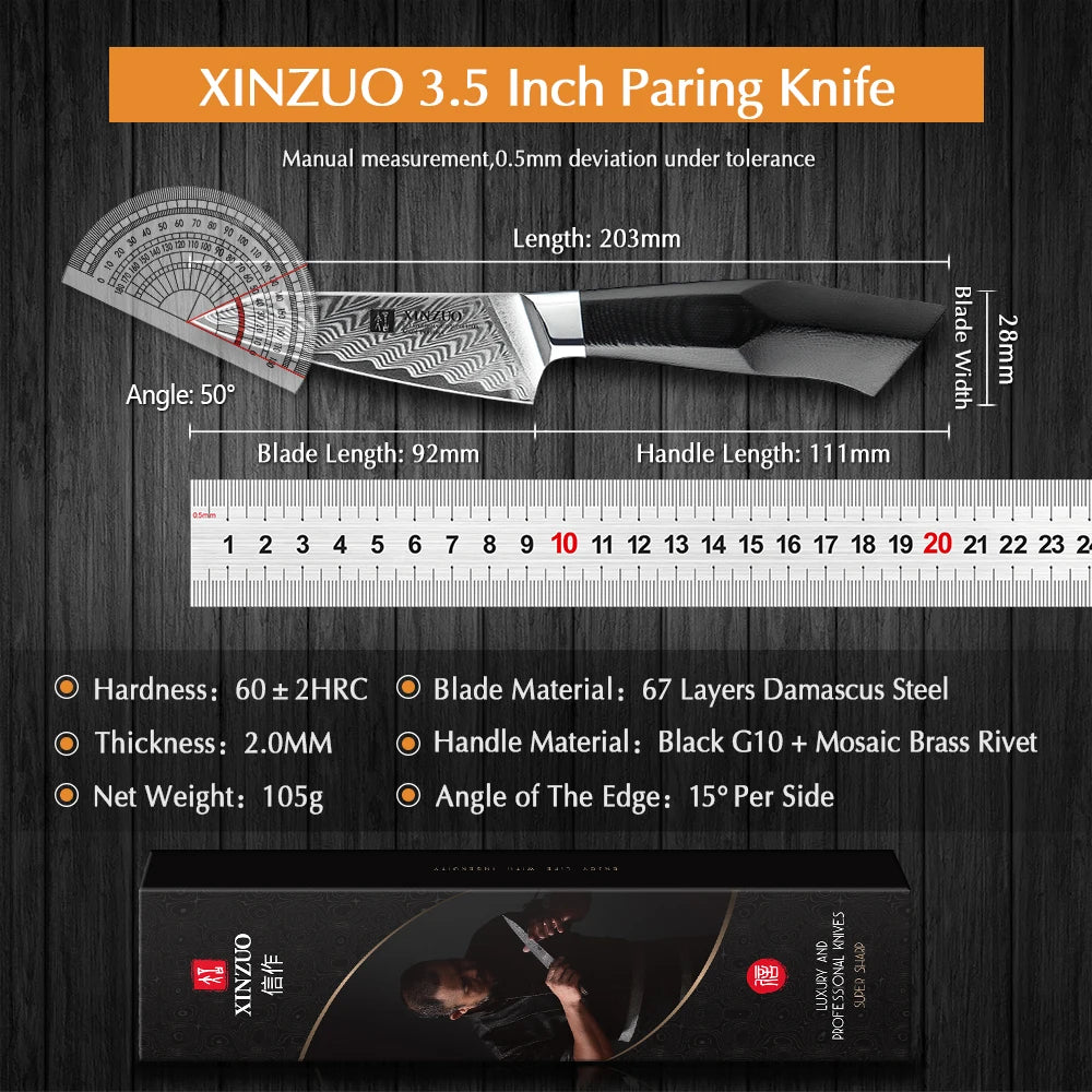 XINZUO 3.5" Damascus VG10 Paring Knife | G10 Mosaic Handle Damascus Paring Knife Axl