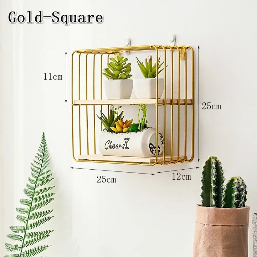 Nordic Metal Wall Shelf – DIY Iron Storage Rack | Home Decor Wall Storage Shelf Axl gold-square
