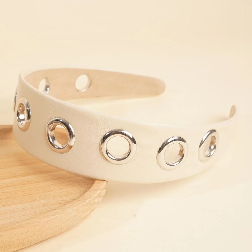Punk PU Leather Headband | Metal Grommet Steampunk Hair Wrap Punk Hair Headband Axl White