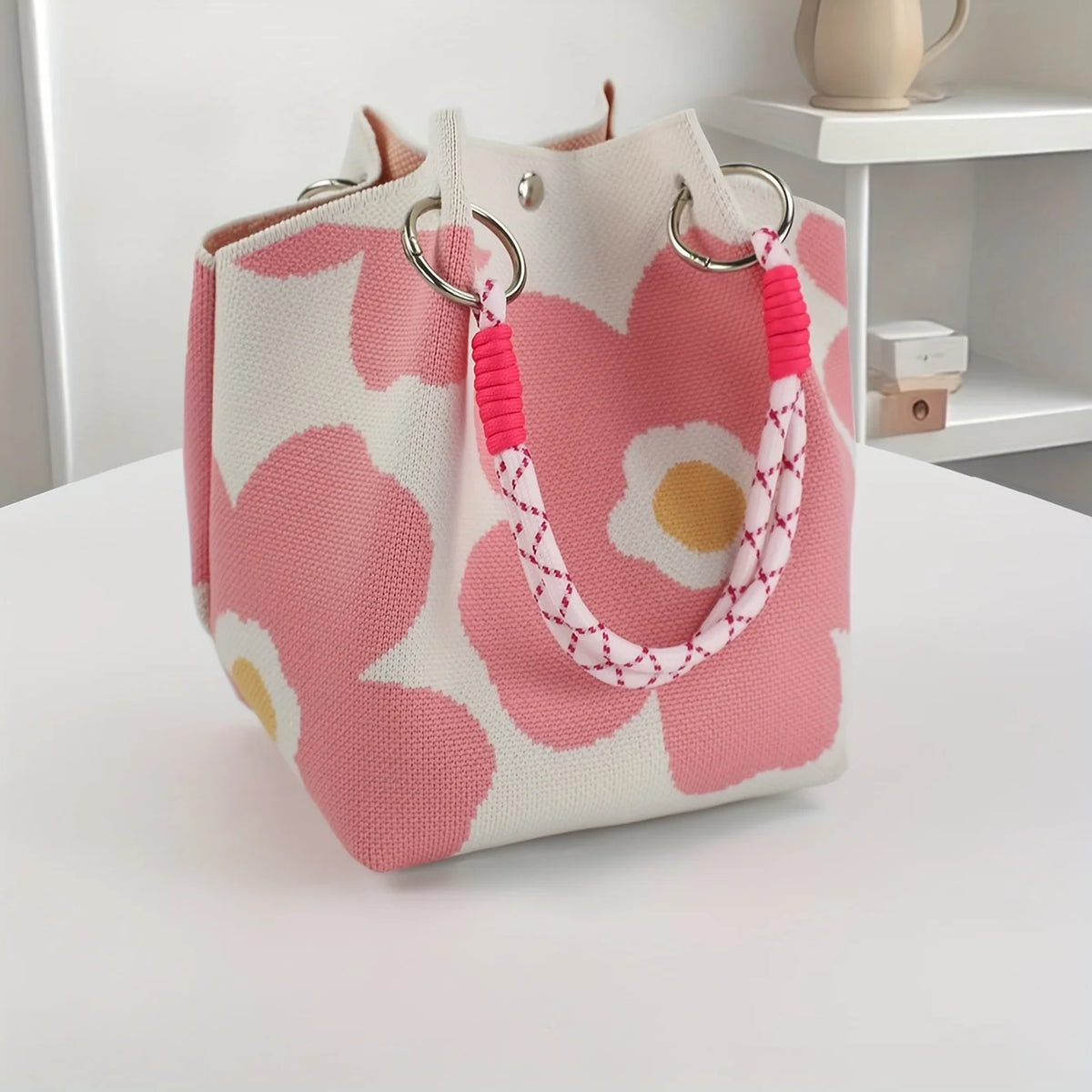 Women's Knit Bucket Handbag – Floral Fabric & Metal Clasp Bucket Handbag Axl Pink flower 1pc