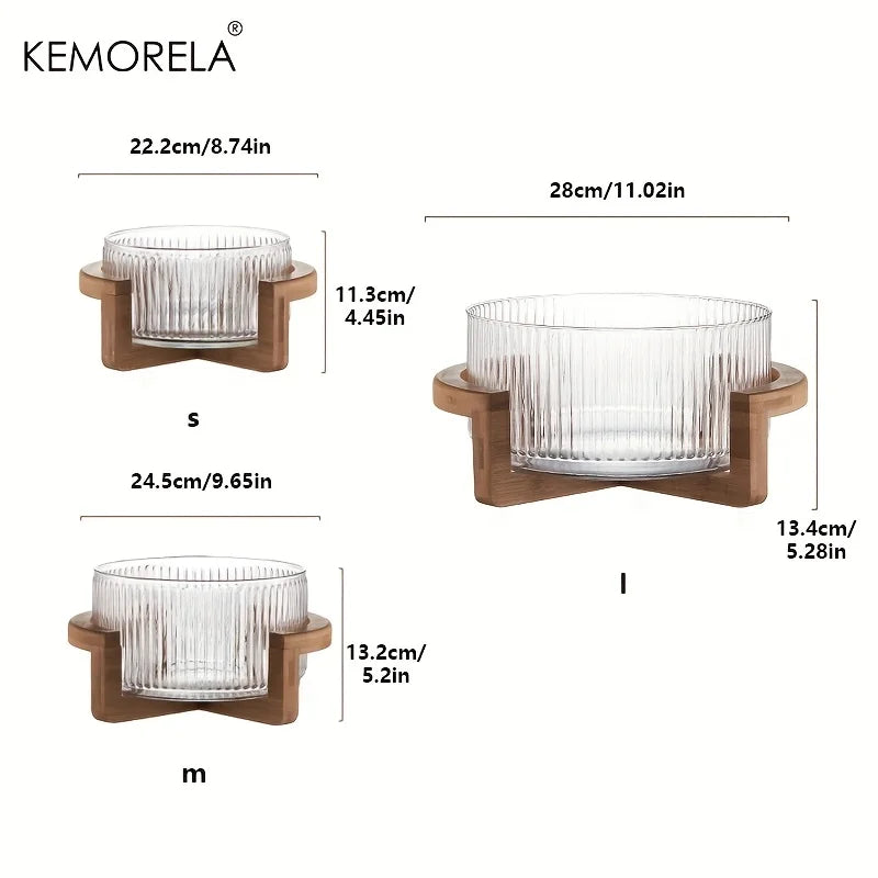 KEMORELA Striped Glass Bowl with Wooden Stand | Salad & Fruit Glass Serving Bowl Axl