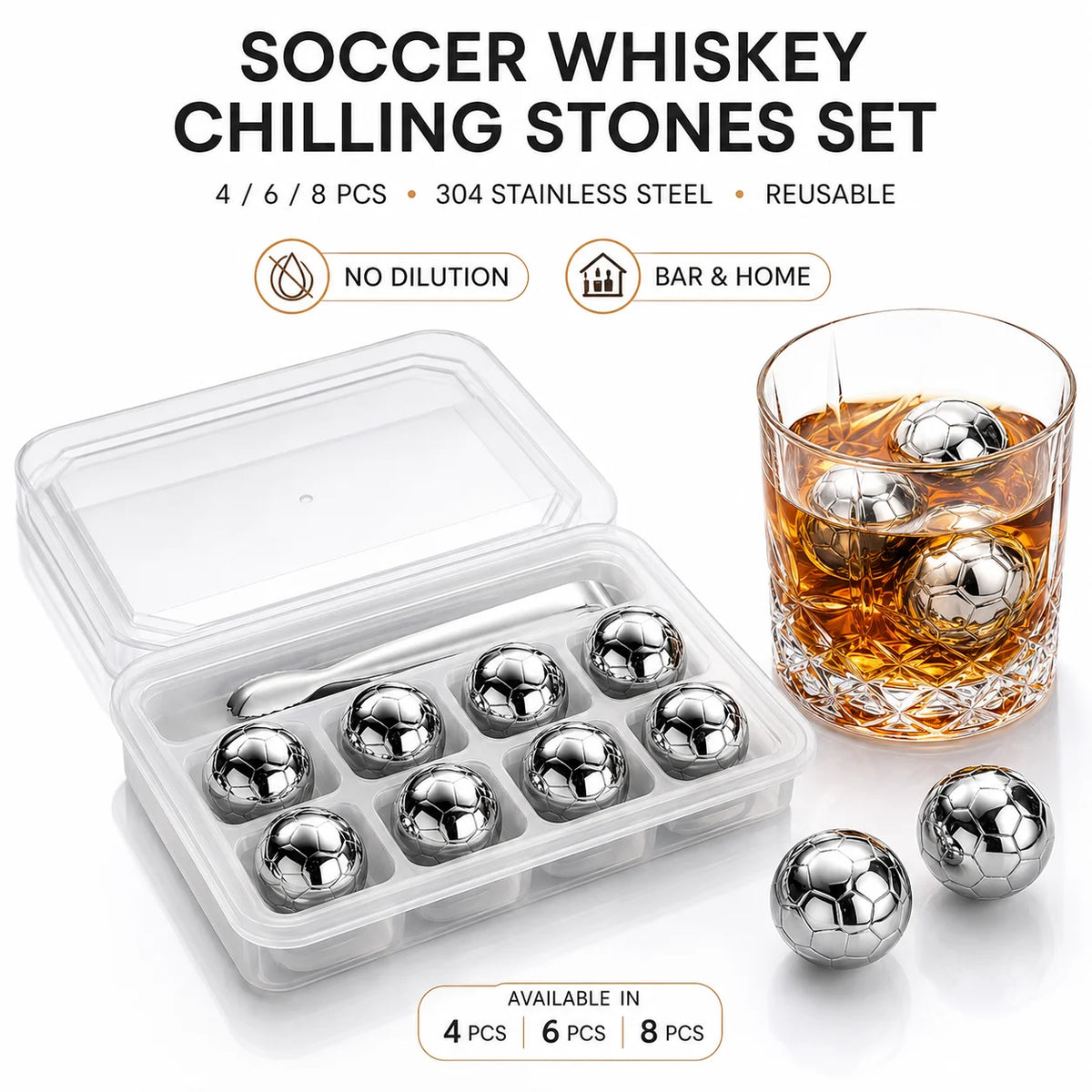 Soccer Ball Whiskey Stones – Steel Chilling Balls with Tongs Whiskey Chilling Stones Axl
