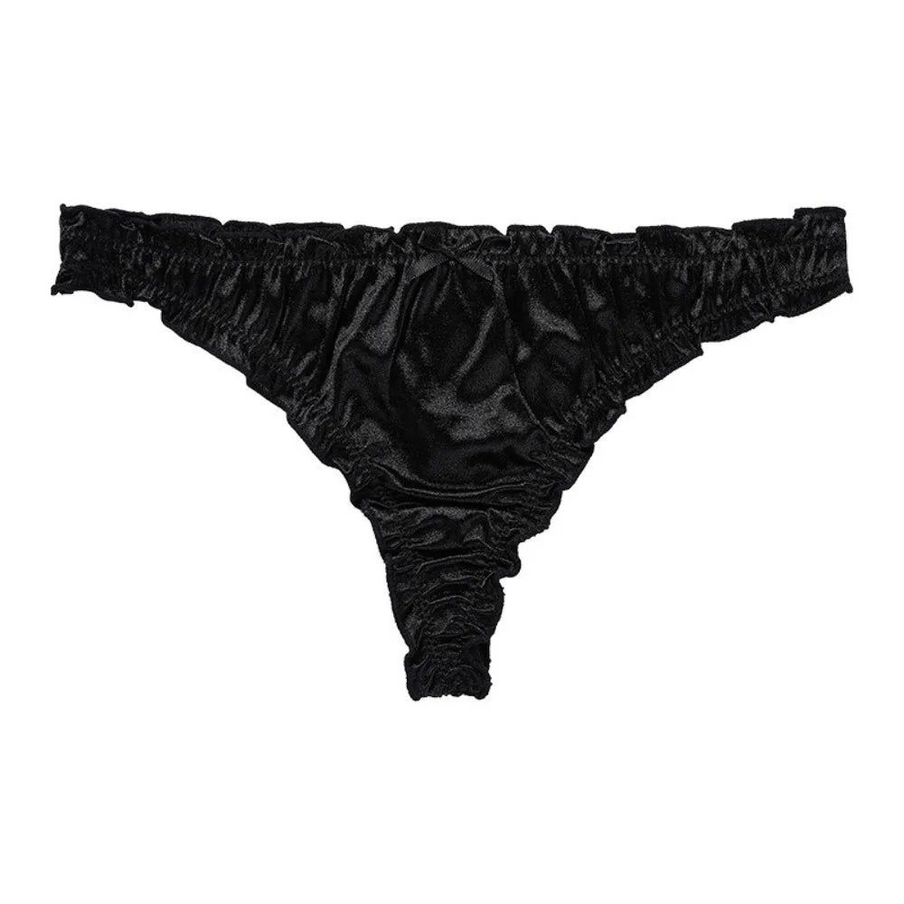 Satin Ruffle Women's Low-Rise G-String Briefs | Seamless Nylon Women's Lingerie Briefs Axl Black 1XL 1pc