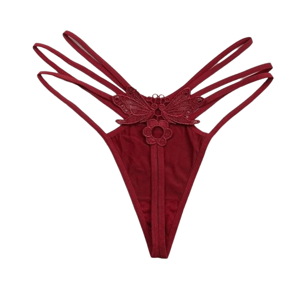 Women's Lace Butterfly Thong – Low Rise Nylon T-Back Panties Thong Panties Axl Wine Red One Size 1pc