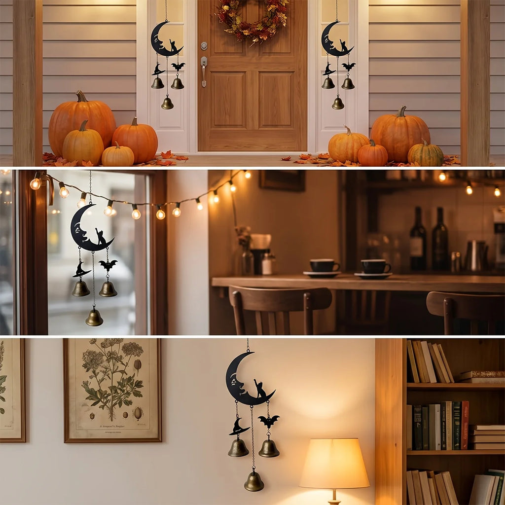 Gothic Moon Cat Metal Wind Chime – Halloween Bat & Witch Hat Metal Wind Chime Axl