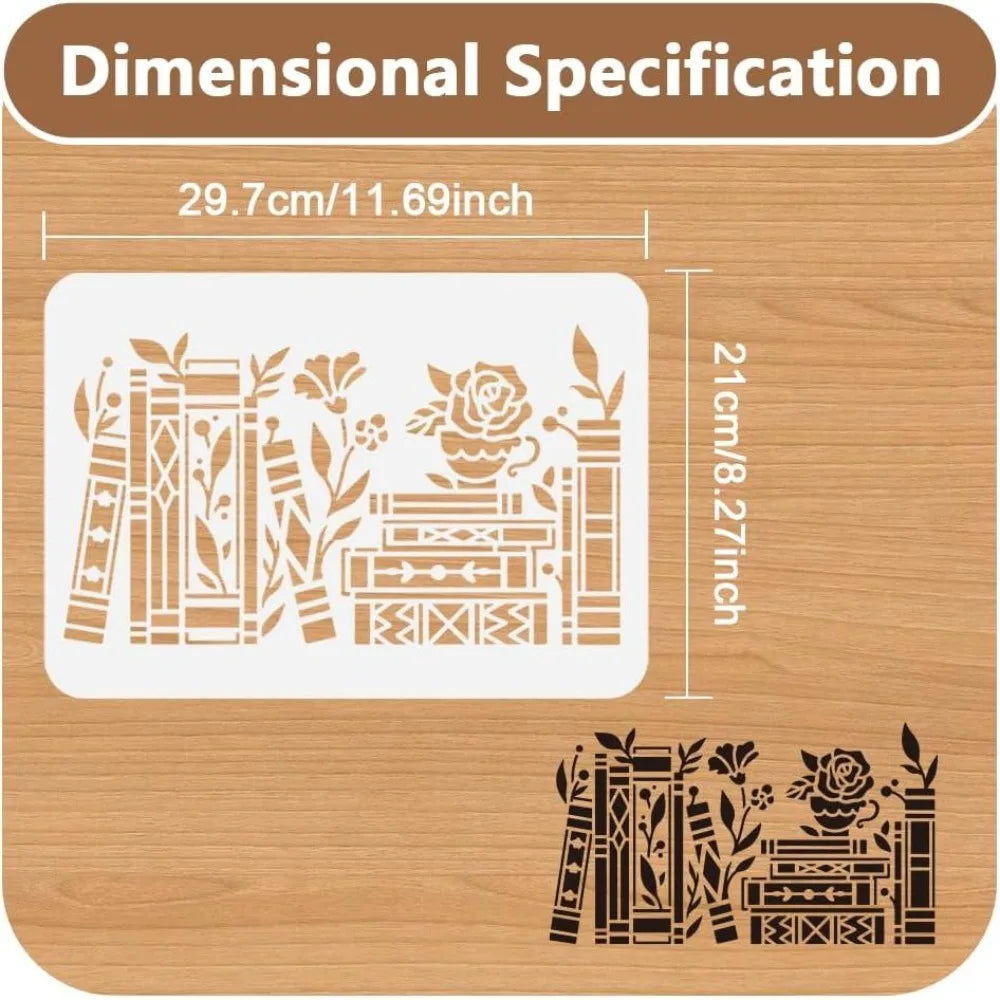 Book & Plants Wall Stencil – Reusable 11.69"x8.27" Template Reusable Craft Stencil Axl