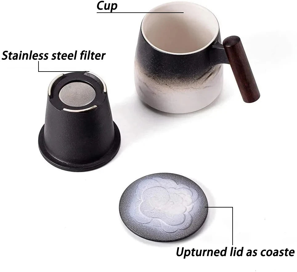 Vintage Ceramic Tea Mug with Wooden Handle, Strainer & Lid Ceramic Tea Mug Axl