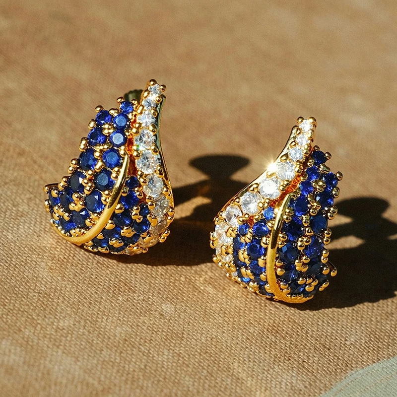 Huitan Teardrop CZ Stud Earrings – Gold Tone Blue & White Stud Earrings Axl E6286