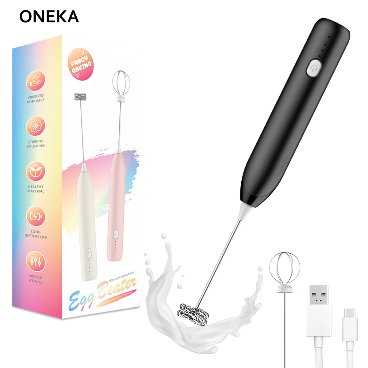 ONEKA Rechargeable Handheld Milk Frother & Electric Whisk Handheld Milk Frother Axl Black