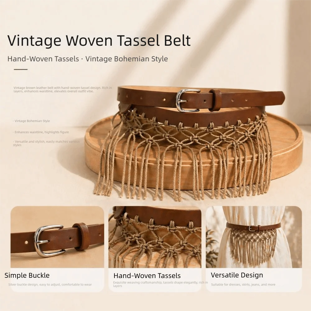 Y2K Tassel Woven Belt – Boho Knit Rope Waistband for Jeans Woven Tassel Belt Axl