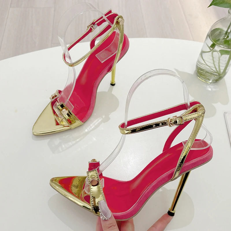 Women's Gold Silver Ankle Strap Pointed Toe High Heel Sandals High Heel Sandals Axl