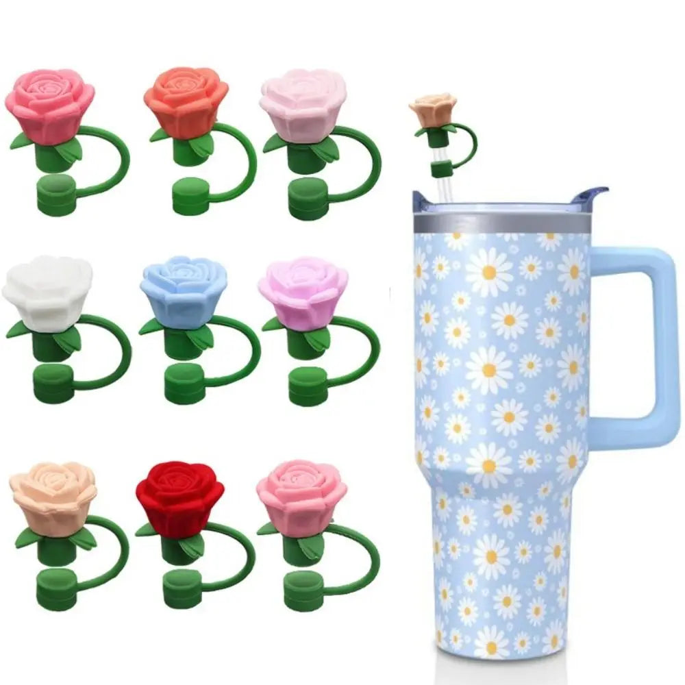 Rose Flower Silicone Straw Cover Cap – 10mm BPA-Free Topper Straw Cover Cap Axl