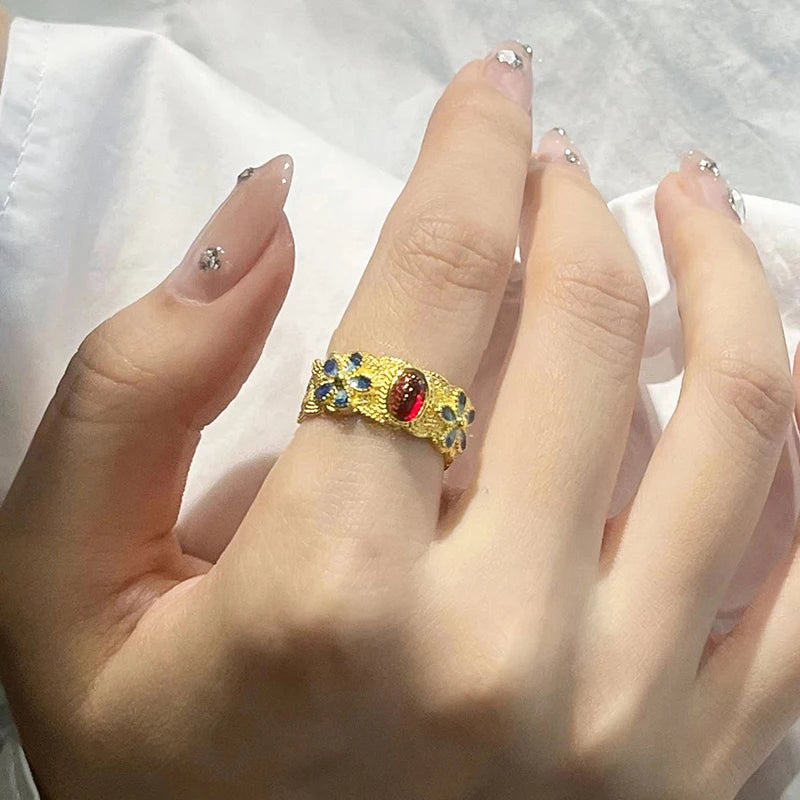 Huitan Gold Blue Flower Ring Red Stone – Women's Fashion Ring Fashion Ring Axl