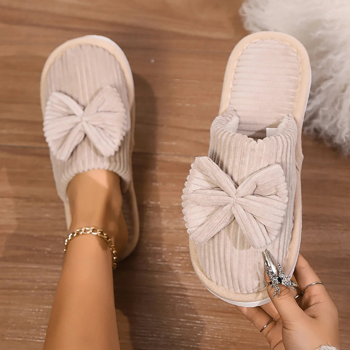 Women's Bow Slippers – Soft Warm Flannel Indoor House Shoes Women's Slippers Axl Khaki 40-41