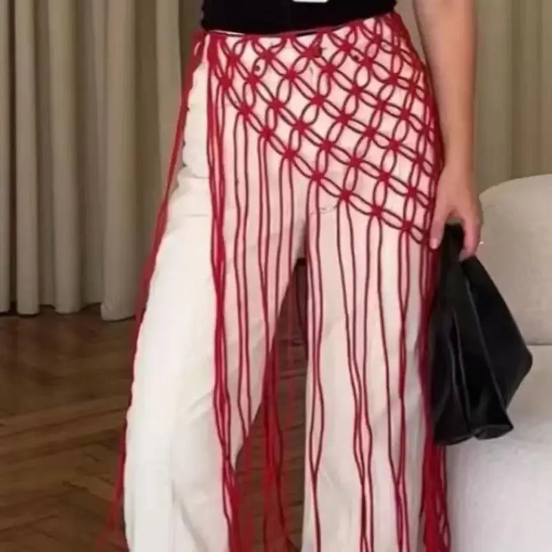 Netted Fringe Waistband – Handwoven Bikini Cover-Up Skirt Fringe Waistband Skirt Axl Red