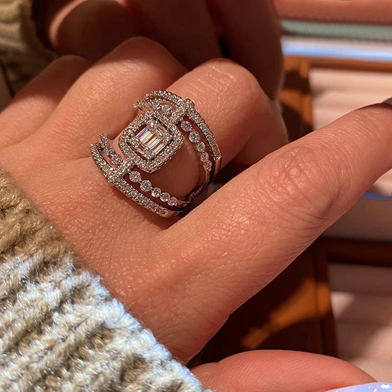Huitan Wide CZ Cocktail Ring | Women's Silver Pave Statement Ring CZ Cocktail Ring Axl