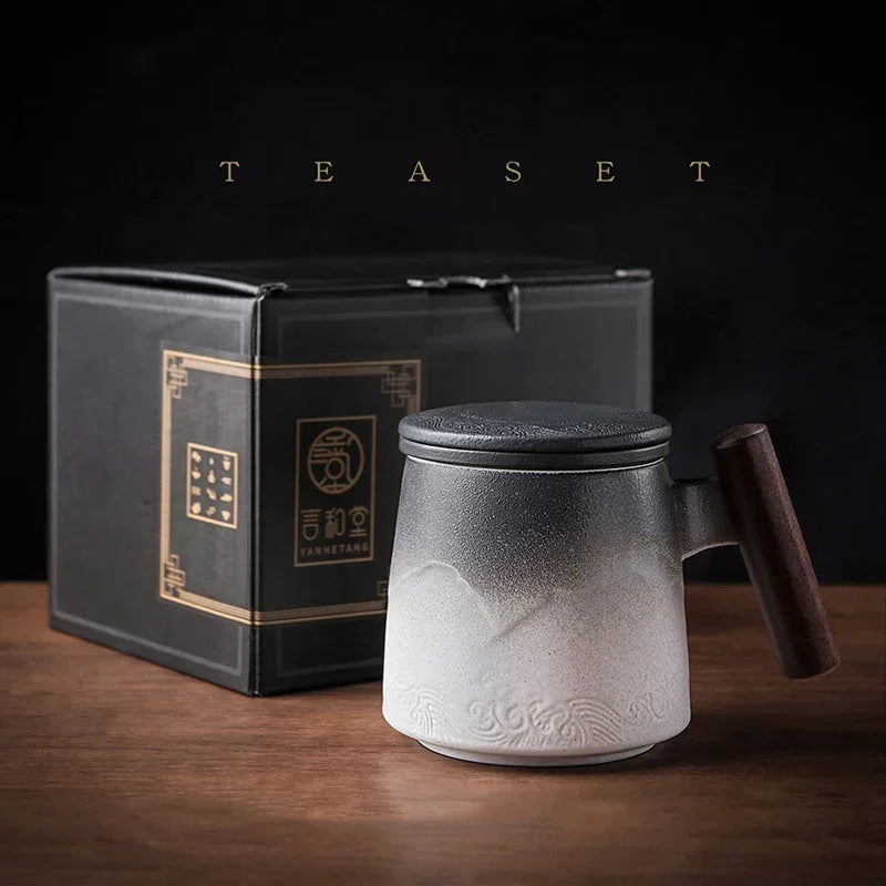 Vintage Ceramic Tea Mug with Wooden Handle, Strainer & Lid Ceramic Tea Mug Axl 301-400ml Style C