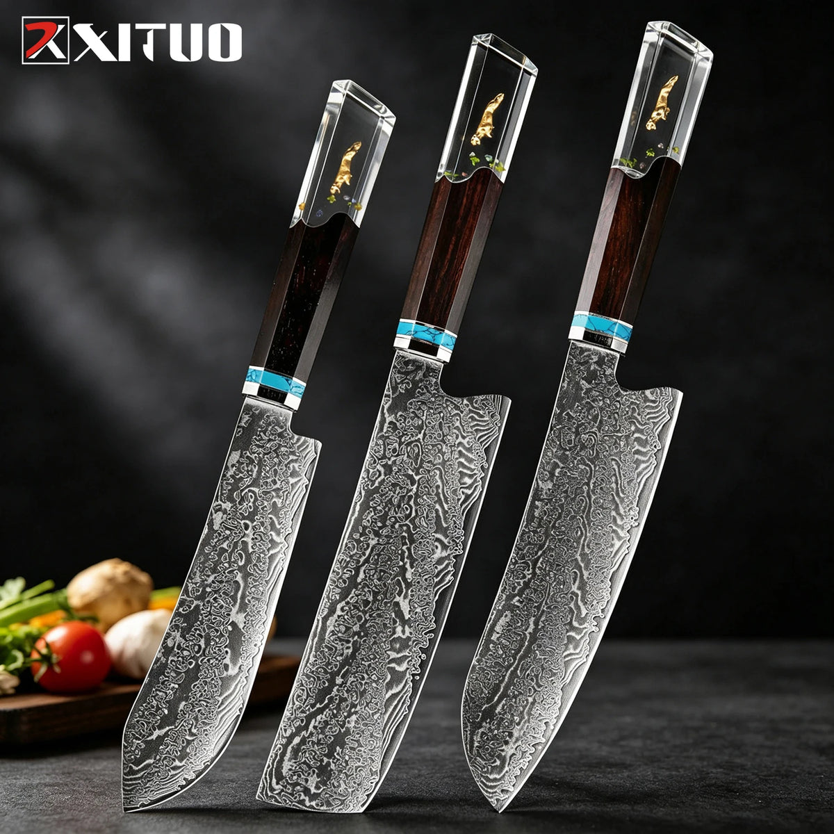 XITUO 8-Pc Damascus Steel Chef Knife Set | Resin Handle Chef Knife Set Axl 3PCS Knife A