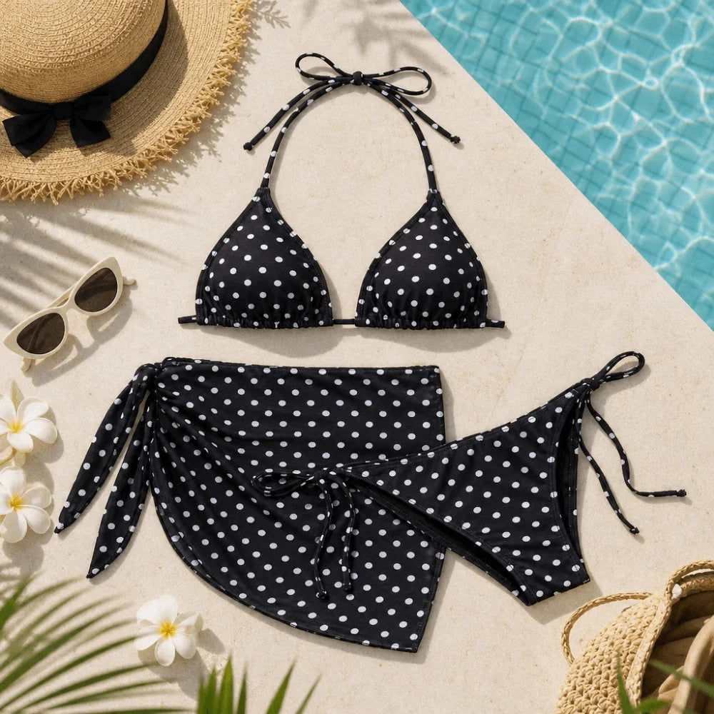 Women's 3-Piece Halter Bikini Set – Deep V Lace-Up Swimsuit 3-Piece Bikini Set Axl