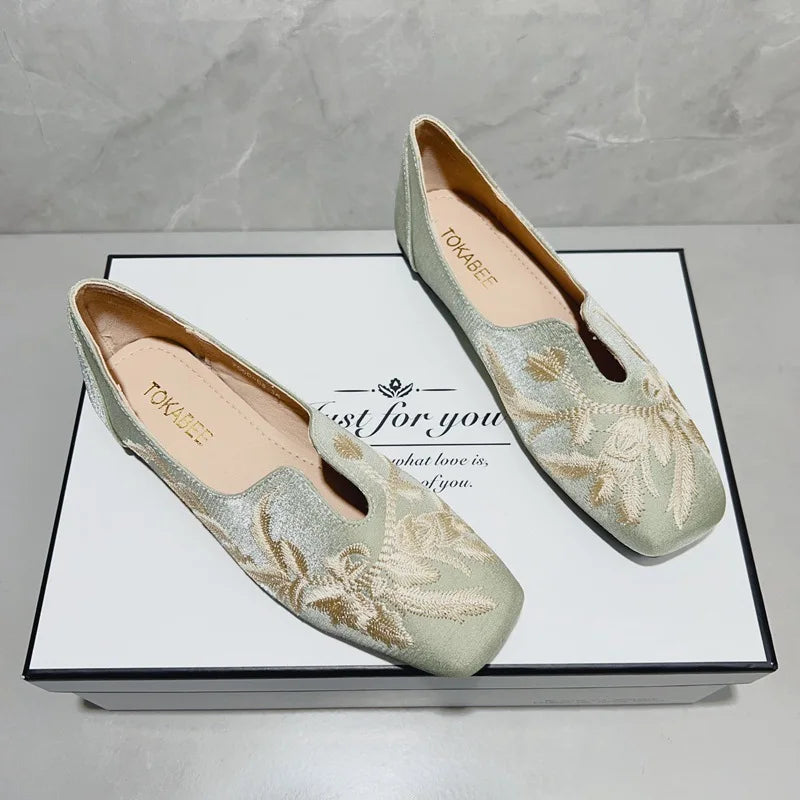 Women's Embroidery Square Toe Slip-On Loafers & Flat Shoes Embroidery Flat Loafers Axl Green 35