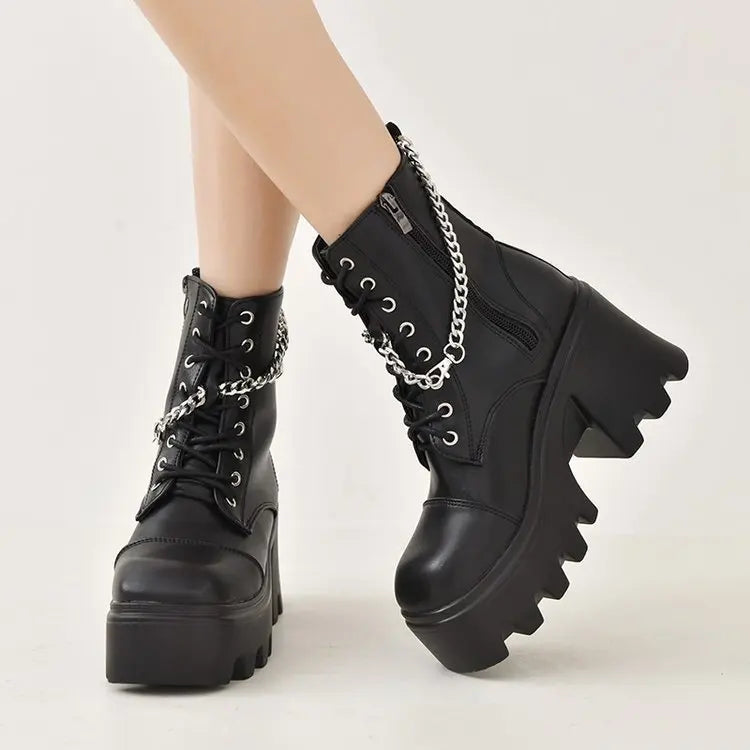 Women's Retro Punk Ankle Boots – Square Heel Lace-Up Short Boot Punk Ankle Boots Axl black chain 36