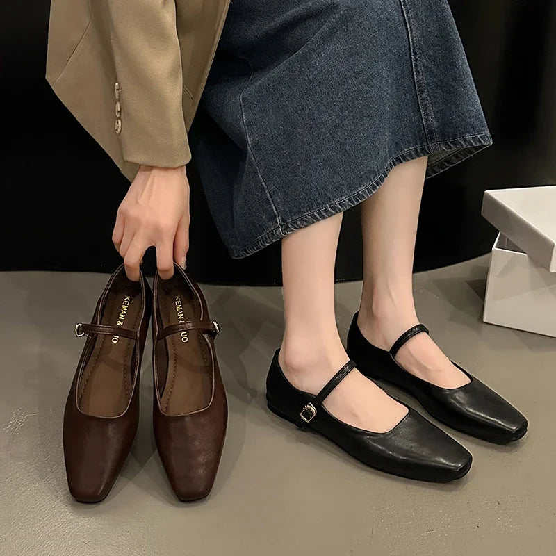 Mary Jane Low Heel Shoes – Retro Square Toe Buckle Flats Mary Jane Flats Axl