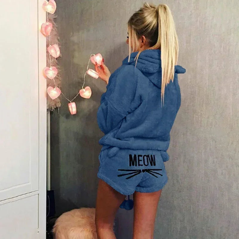 Women's Coral Velvet Hoodie Pajama Set – Cute Cat Print Pajama Set Axl