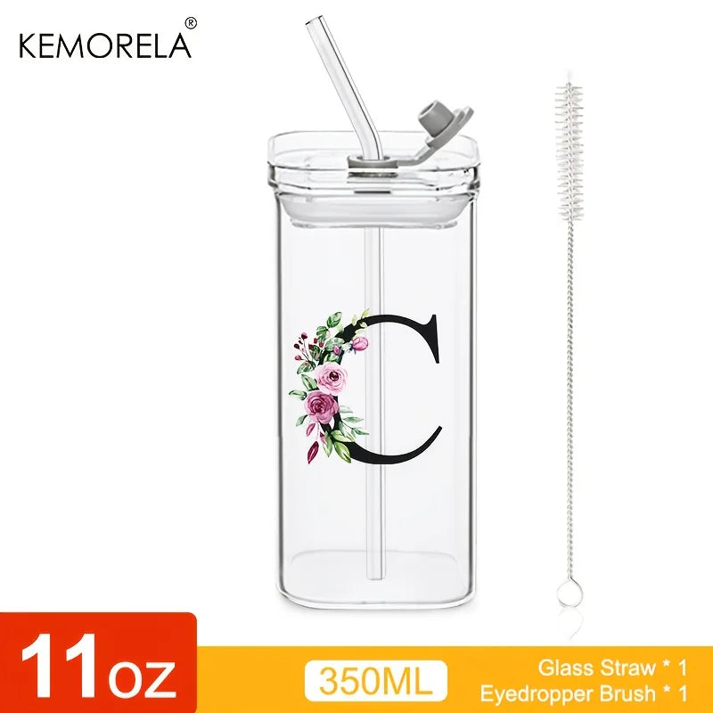 KEMORELA 300ml Letter-Shaped Glass Tumbler with Lid & Straw Glass Tumbler Axl C 300ML
