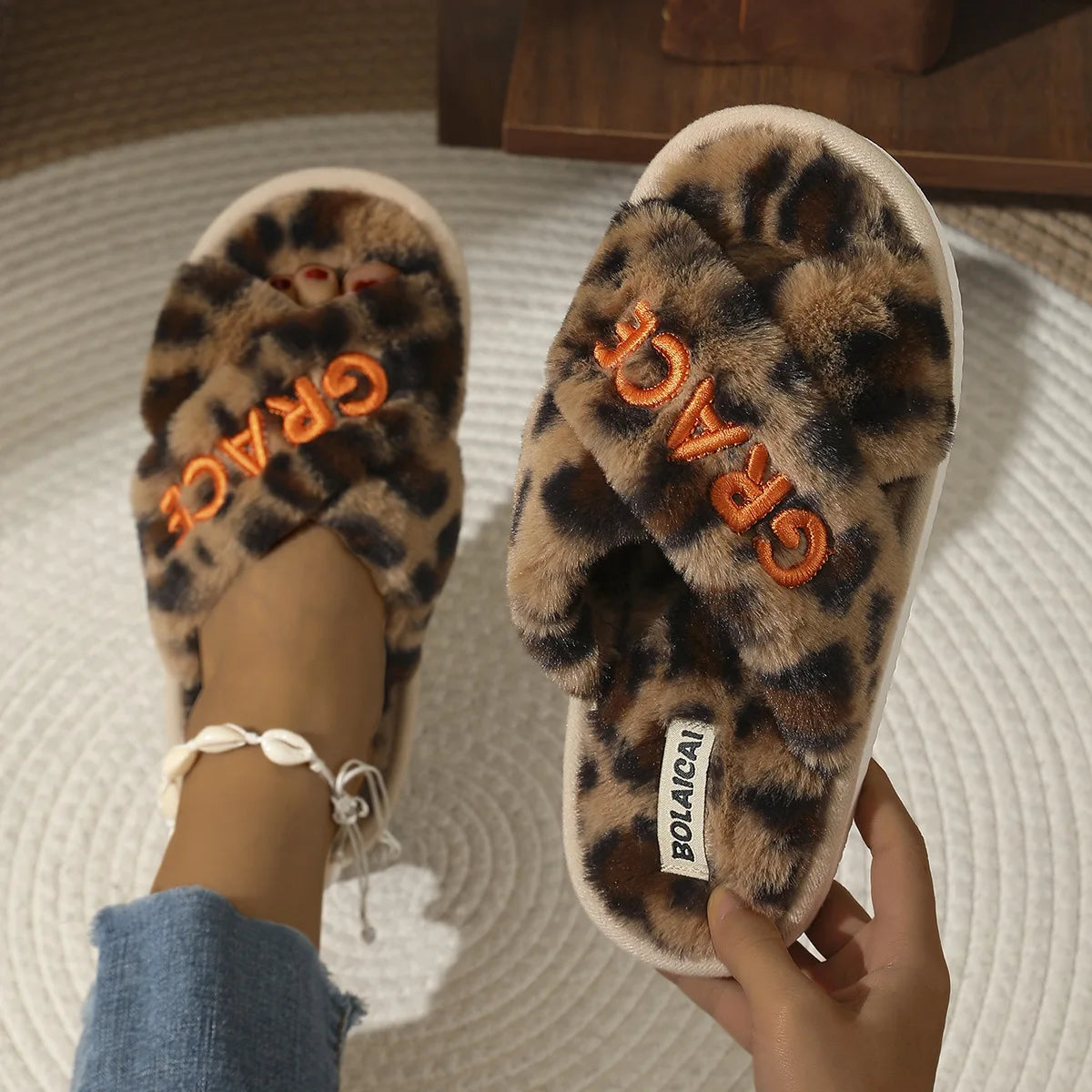 Women's Faux Fur Fluffy Slides – Custom Name Letter Slippers Faux Fur Slides Axl MULTI 44-45