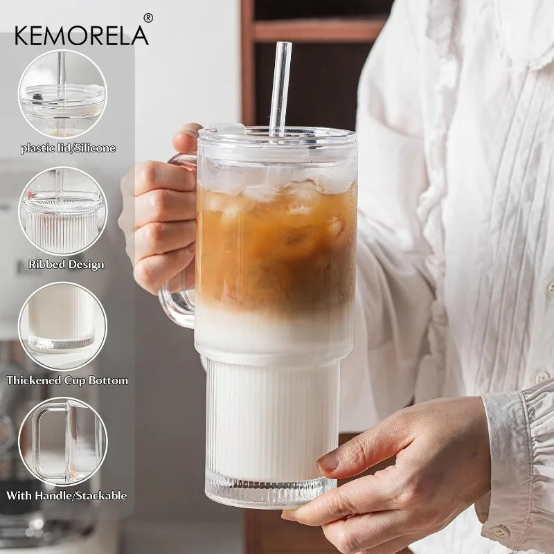 KEMORELA 750ml Glass Tumbler with Handle, Lid & Straw Glass Tumbler Axl