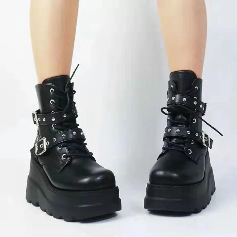 Women's PU Leather Platform Ankle Boots – Gothic Lace-Up Platform Ankle Boots Axl