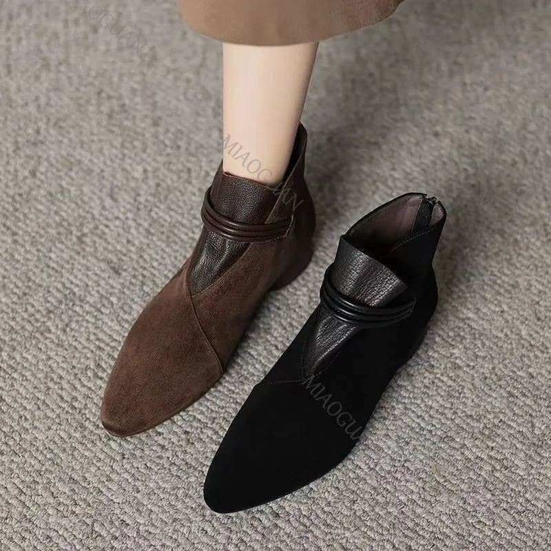 Women's Suede Ankle Boots | Pointed Toe Double Buckle Side Zip Women's Ankle Boots Axl