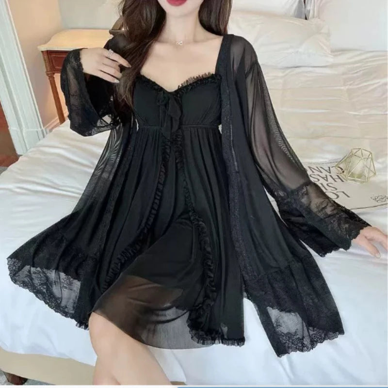 Women's Lace Bow Mesh Nightgown & Robe Set – White Sleepwear Nightgown Robe Set Axl