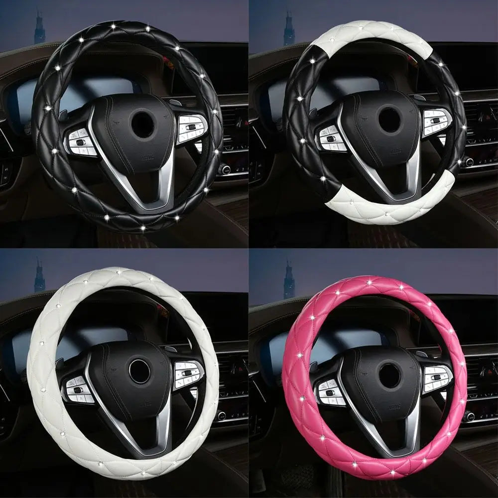 Diamond PU Leather Steering Wheel Cover – Black & Pink Steering Wheel Cover Axl