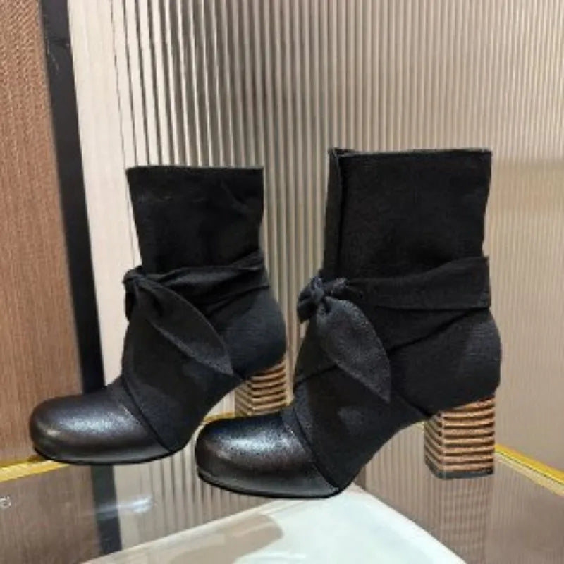 Women's Black Denim Patchwork Mid-Calf Booties | Square Heel Mid-Calf Booties Axl