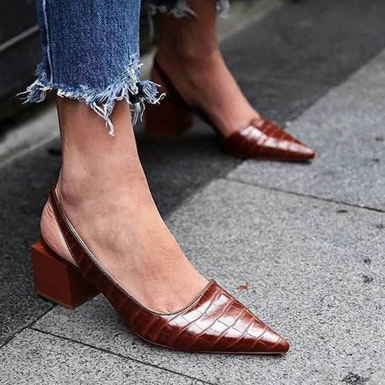 Women's Pointed Toe Chunky Heel Slingback Pumps | Vintage Style Slingback Pumps Axl Brown 43