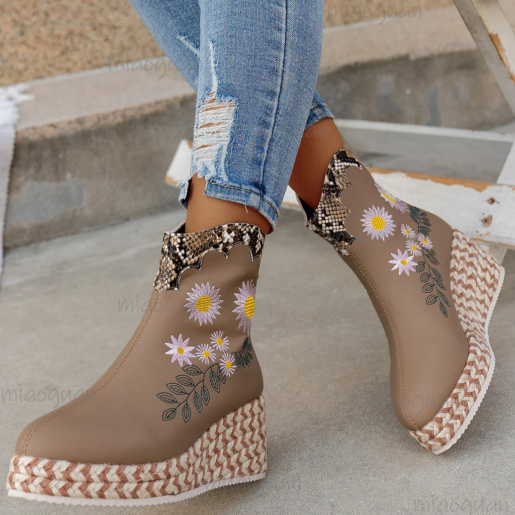 Women's Embroidery Wedge Ankle Boots | Retro Ethnic Platform Wedge Ankle Boots Axl