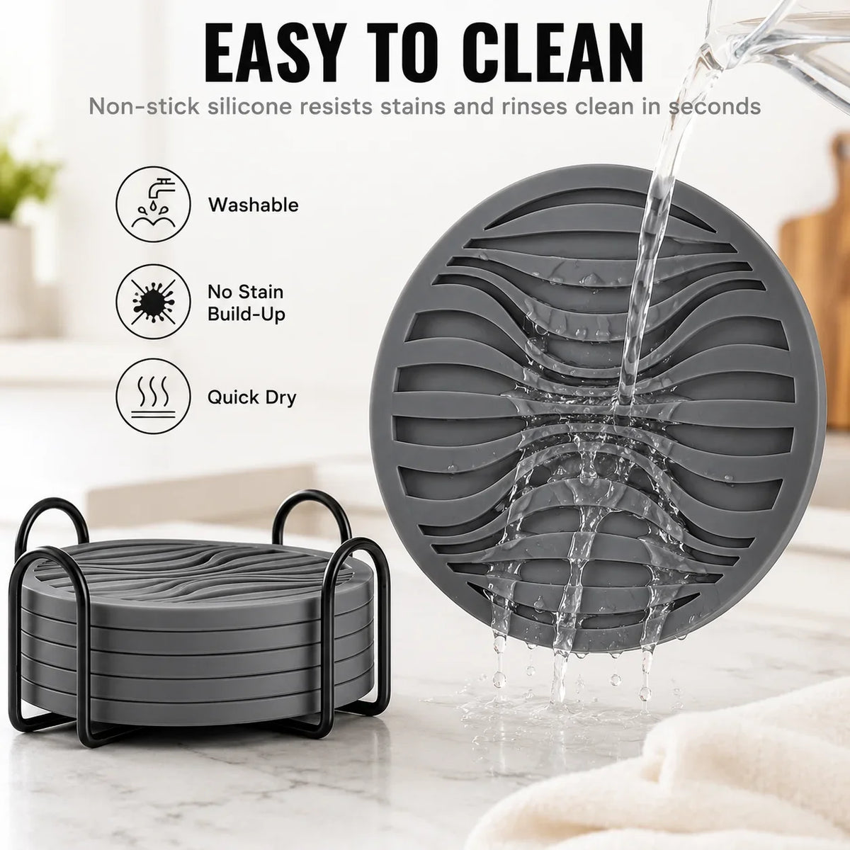 6-Pack Silicone Drink Coasters with Holder | Non-Slip, Heat Resistant Silicone Coaster Set Axl