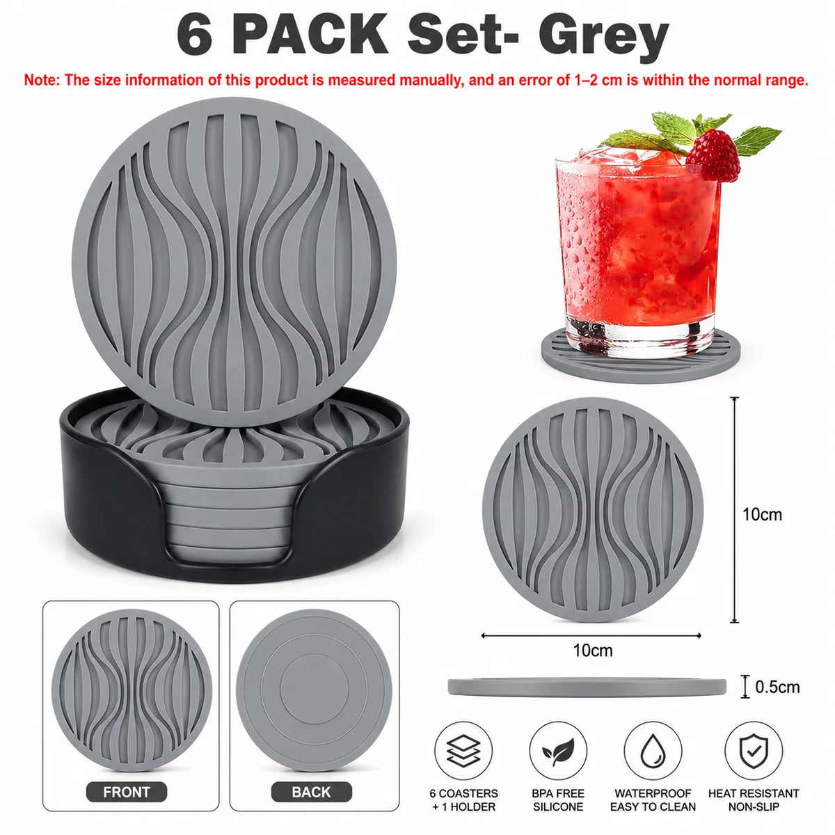 Silicone Coasters Set of 6 with Holder – Heat Resistant Cup Mats Silicone Coaster Set Axl 6 PACK Set- Grey