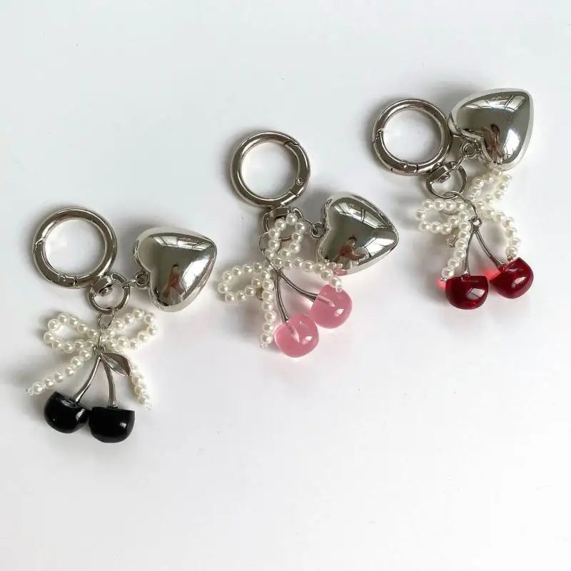 3D Crystal Cherry Keychain – Pearl Bow Heart Pendant Keyring Fashion Keychain Axl