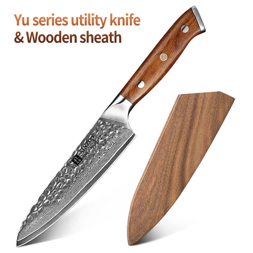 XINZUO 5" VG10 Damascus Utility Knife – 67-Layer Ironwood Handle Damascus Utility Knife Axl with Wooden sheath