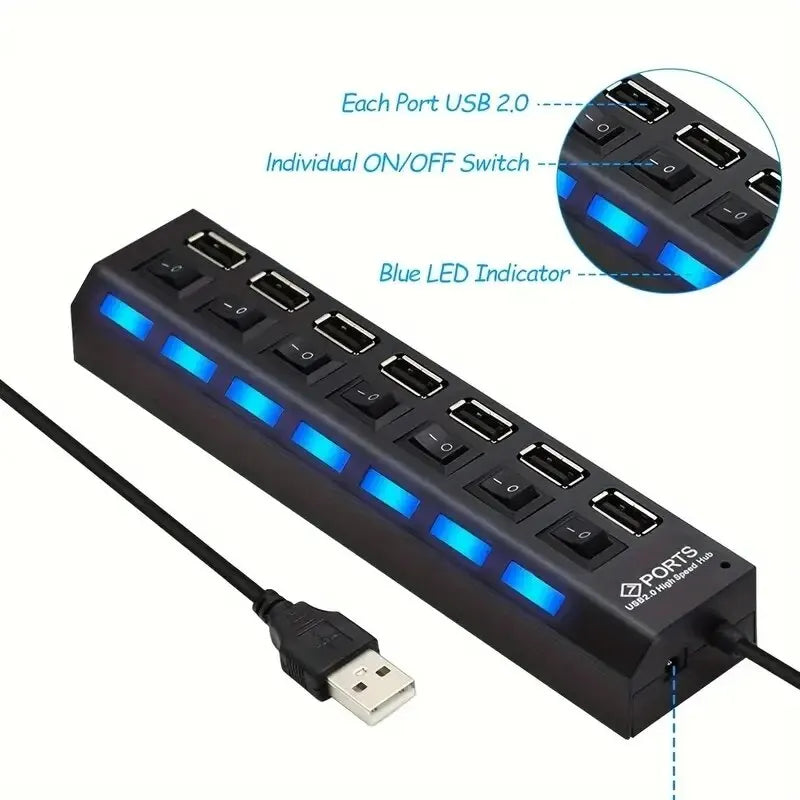7-Port USB 2.0 Hub with Individual Switches & Power Adapter USB Hub Axl