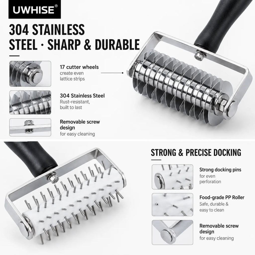 Uwhise Pastry Lattice Roller Cutter & Pizza Dough Docker – Steel Pastry Baking Tool Axl