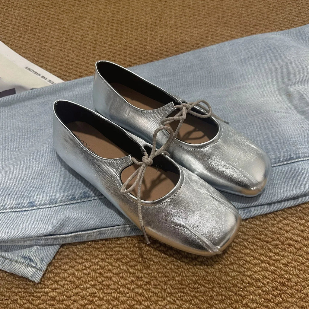 Women's Butterfly-Knot Ballet Flats – Square Toe Mary Jane Ballet Flats Axl 37 Silver