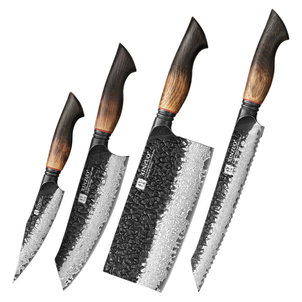 XINZUO 6-Piece Damascus Knife Set – 67-Layer Steel & Oak Handles Damascus Knife Set Axl 4PCS Knife Set